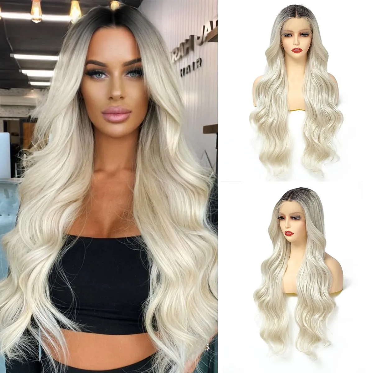 X-TRESS 30 Inch Blonde Lace Front Wigs with Body Wave, Pre Plucked, Synthetic Lace Frontal Wig with Dark Roots, 13x4x1 Density