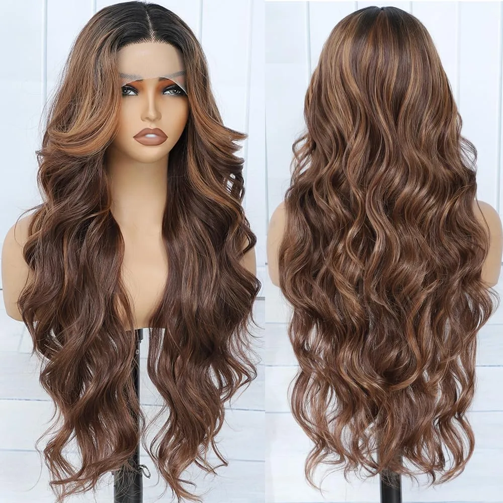 X-TRESS Brown Highlight Lace Front Wigs Ombre Body Wave Glueless Wig Middle Part Lace Frontal Wigs 30 Inch Pre Plucked For Women 13x4x1 Synthetic Wavy Wigs with Dark Roots