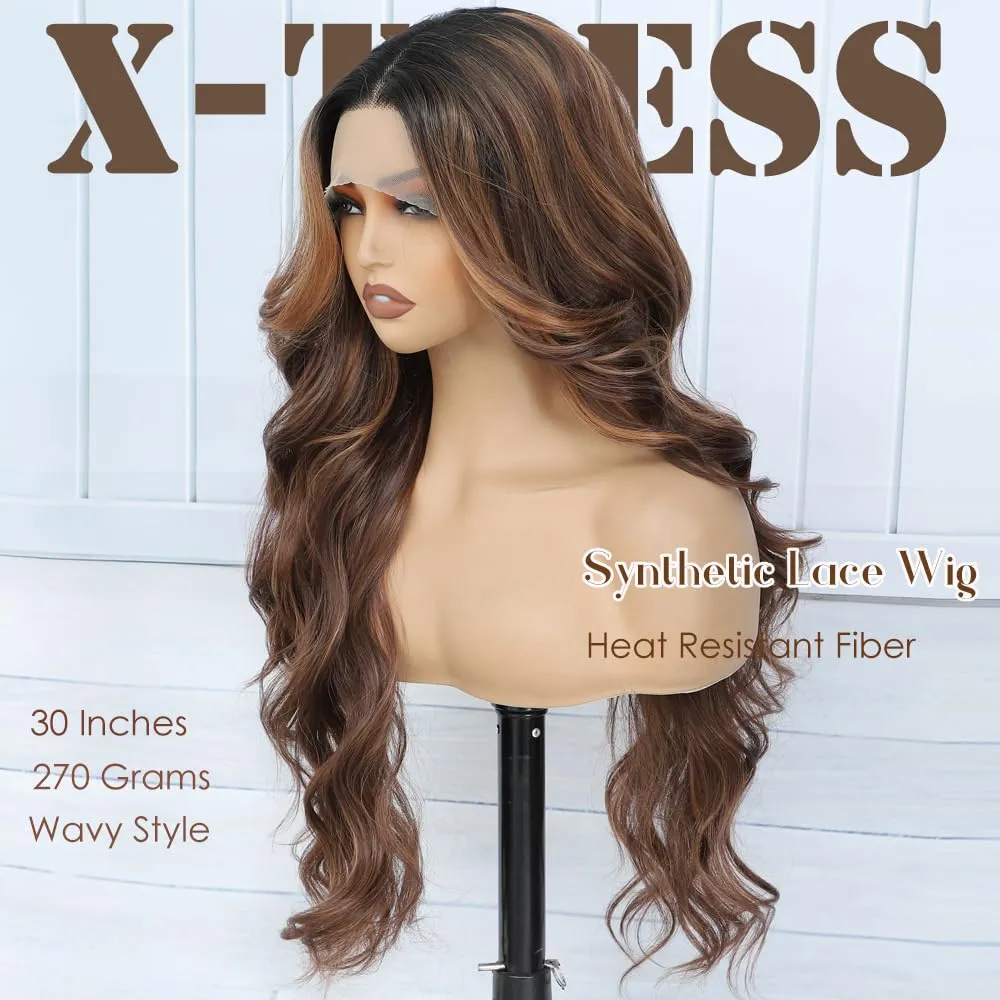 X-TRESS Brown Highlight Lace Front Wigs Ombre Body Wave Glueless Wig Middle Part Lace Frontal Wigs 30 Inch Pre Plucked For Women 13x4x1 Synthetic Wavy Wigs with Dark Roots