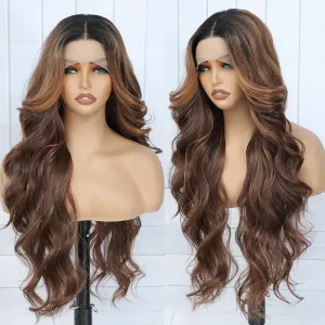 X-TRESS Brown Highlight Lace Front Wigs Ombre Body Wave Glueless Wig Middle Part Lace Frontal Wigs 30 Inch Pre Plucked For Women 13x4x1 Synthetic Wavy Wigs with Dark Roots