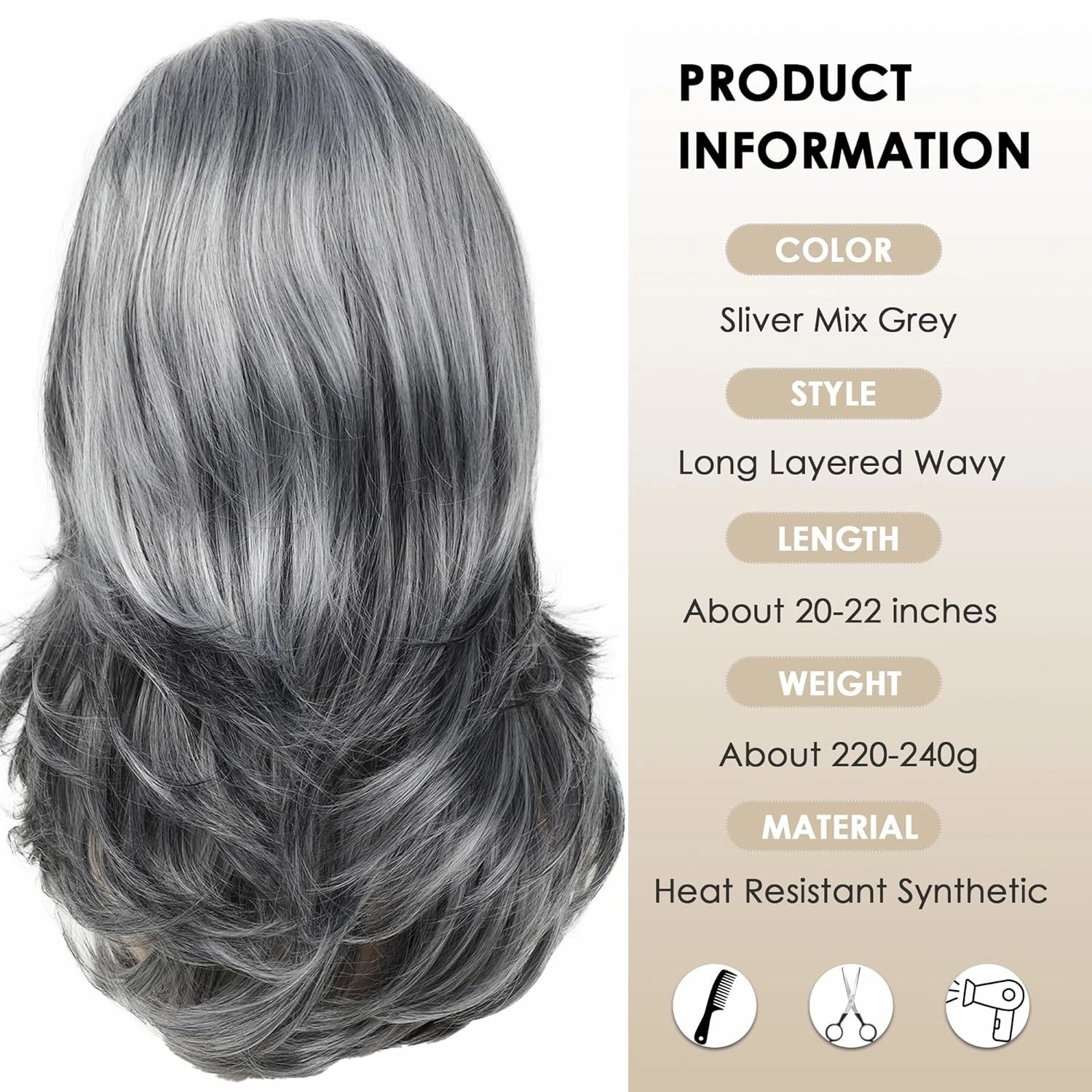 XIUFAXIRUSI XIUFAXIRUSI Grey Long Layered Wigs for Women Highlight Silver Wavy Gray Wigs Natural Synthetic Hair Wig for Daily Party Use