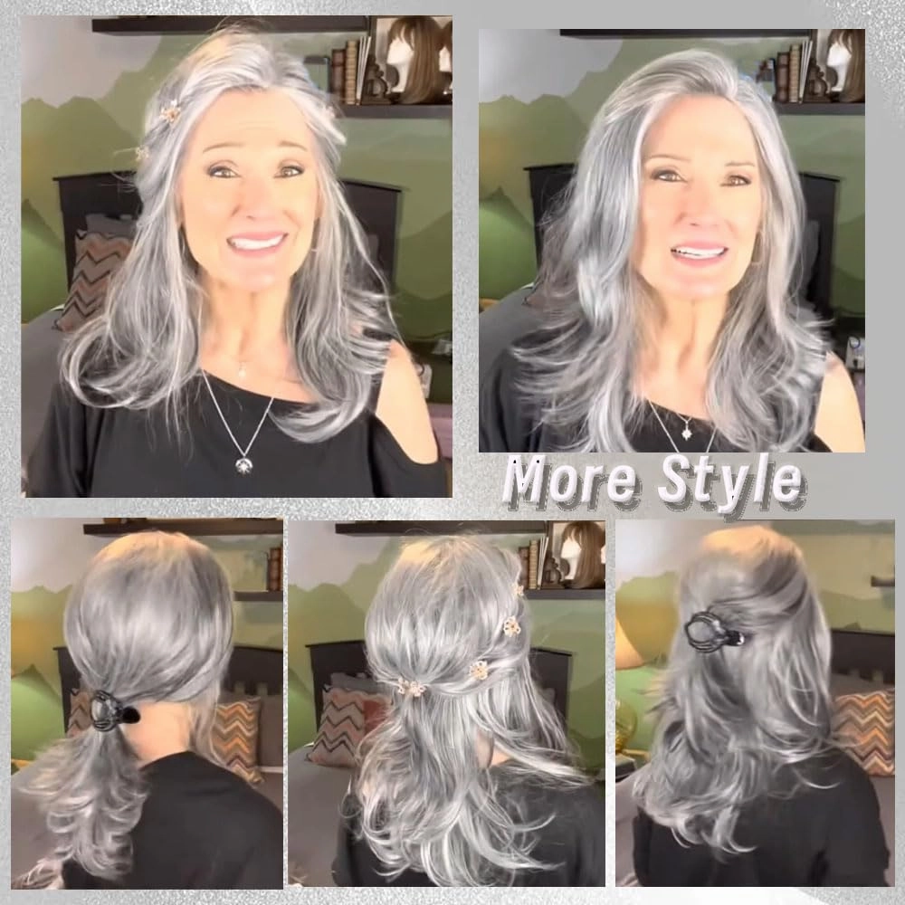XIUFAXIRUSI XIUFAXIRUSI Grey Long Layered Wigs for Women Highlight Silver Wavy Gray Wigs Natural Synthetic Hair Wig for Daily Party Use