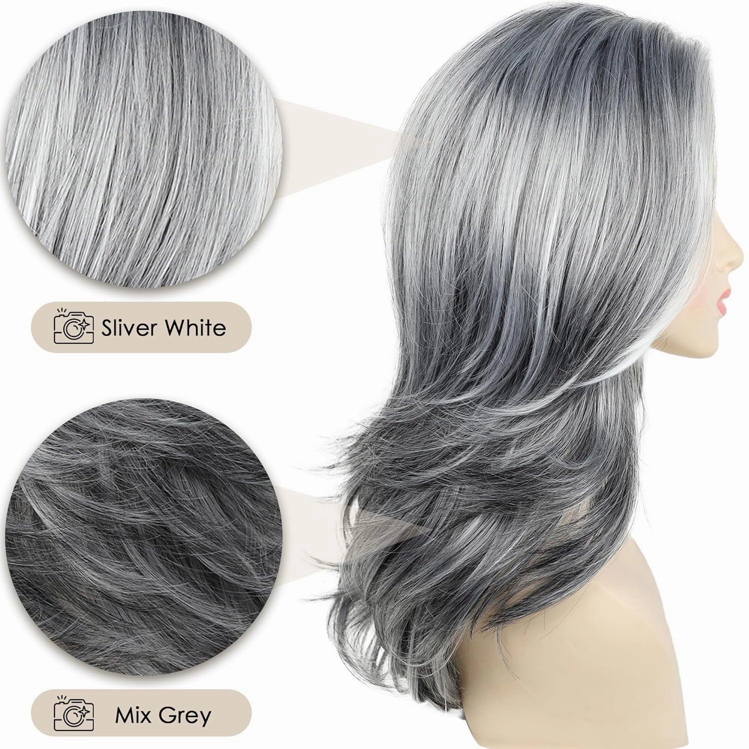 XIUFAXIRUSI XIUFAXIRUSI Grey Long Layered Wigs for Women Highlight Silver Wavy Gray Wigs Natural Synthetic Hair Wig for Daily Party Use