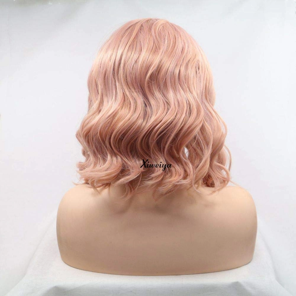 xiweiya Rose Gold Pink Lace Front Wigs - Short Curly Synthetic Wigs, Heat Resistant, Cosplay Hair, 14 Inches