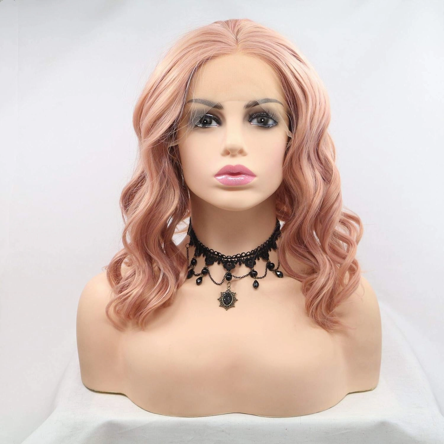 xiweiya Rose Gold Pink Lace Front Wigs - Short Curly Synthetic Wigs, Heat Resistant, Cosplay Hair, 14 Inches