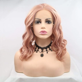 xiweiya Rose Gold Pink Lace Front Wigs - Short Curly Synthetic Wigs, Heat Resistant, Cosplay Hair, 14 Inches