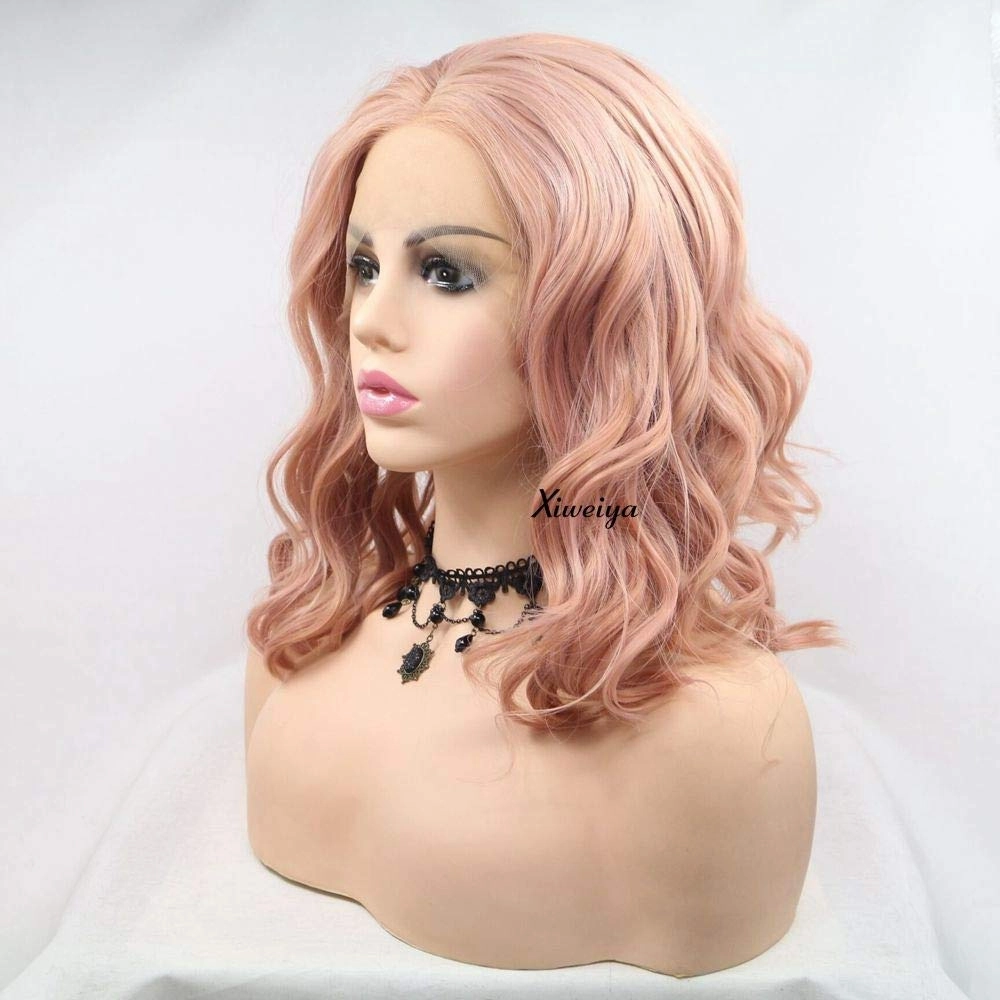 xiweiya Rose Gold Pink Lace Front Wigs - Short Curly Synthetic Wigs, Heat Resistant, Cosplay Hair, 14 Inches