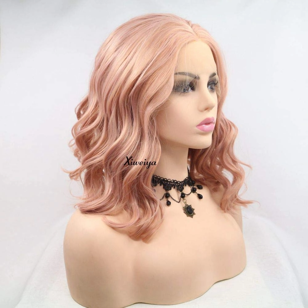 xiweiya Rose Gold Pink Lace Front Wigs - Short Curly Synthetic Wigs, Heat Resistant, Cosplay Hair, 14 Inches