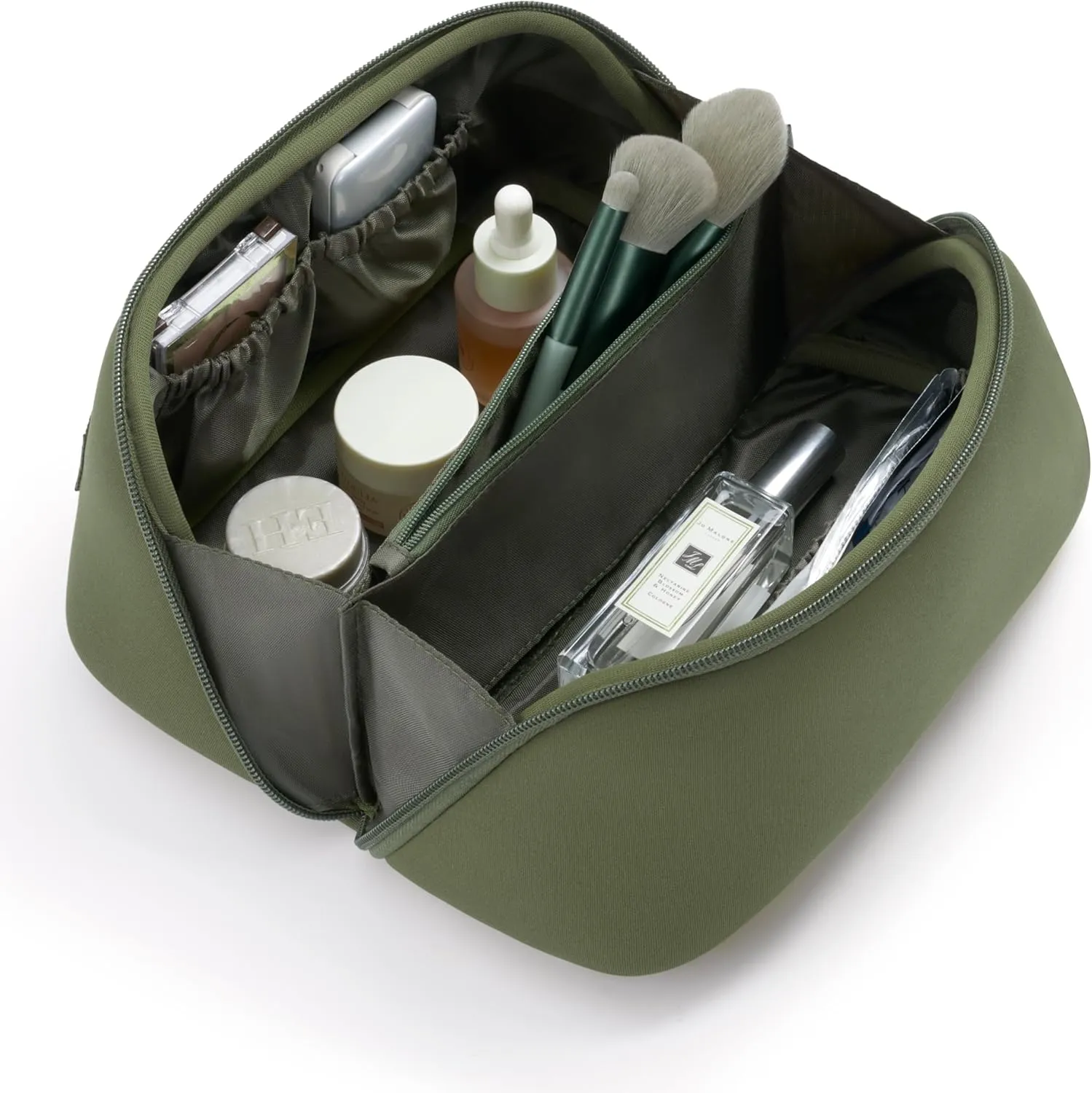 Yarnic Travel Makeup Bag Cosmetic Bag, Large Capacity Toiletry Bag for Women, Portable Pouch CuteMake Up Organizer with Divider and Handle, Neoprene Olive Green