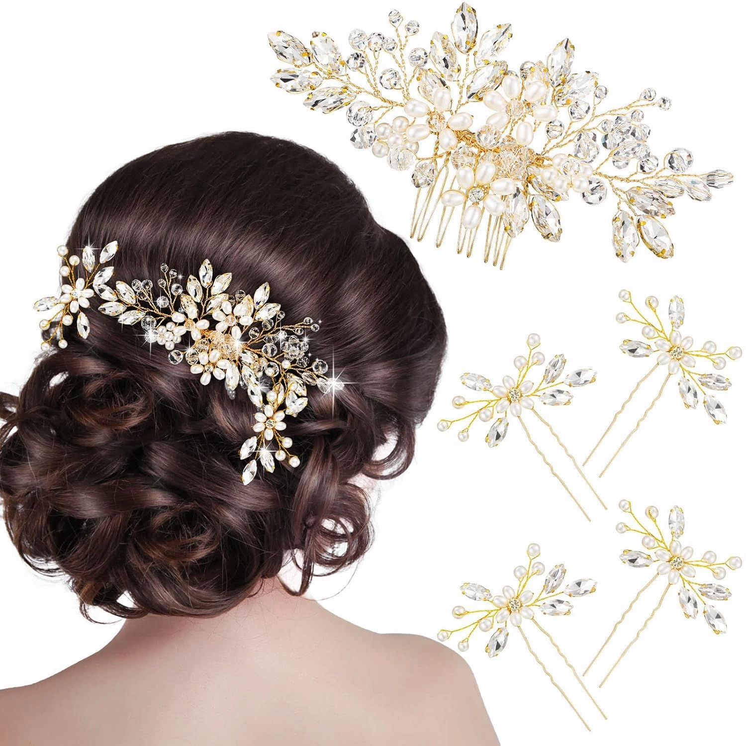 Yeshone 5 Pieces Wedding Hair Comb Bridal Hair Pins Crystal Pearl Hair Accessories Rhinestone Flower Piece for Wedding Bride Women(Gold)
