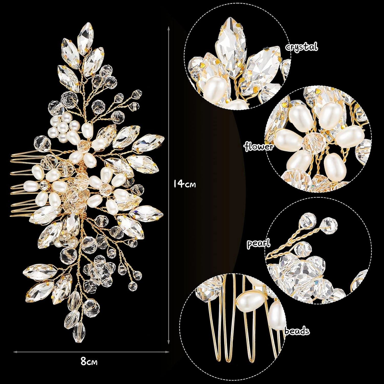 Yeshone 5 Pieces Wedding Hair Comb Bridal Hair Pins Crystal Pearl Hair Accessories Rhinestone Flower Piece for Wedding Bride Women(Gold)