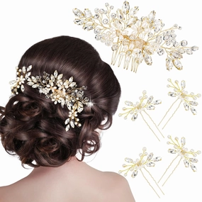 Yeshone 5 Pieces Wedding Hair Comb Bridal Hair Pins Crystal Pearl Hair Accessories Rhinestone Flower Piece for Wedding Bride Women(Gold)