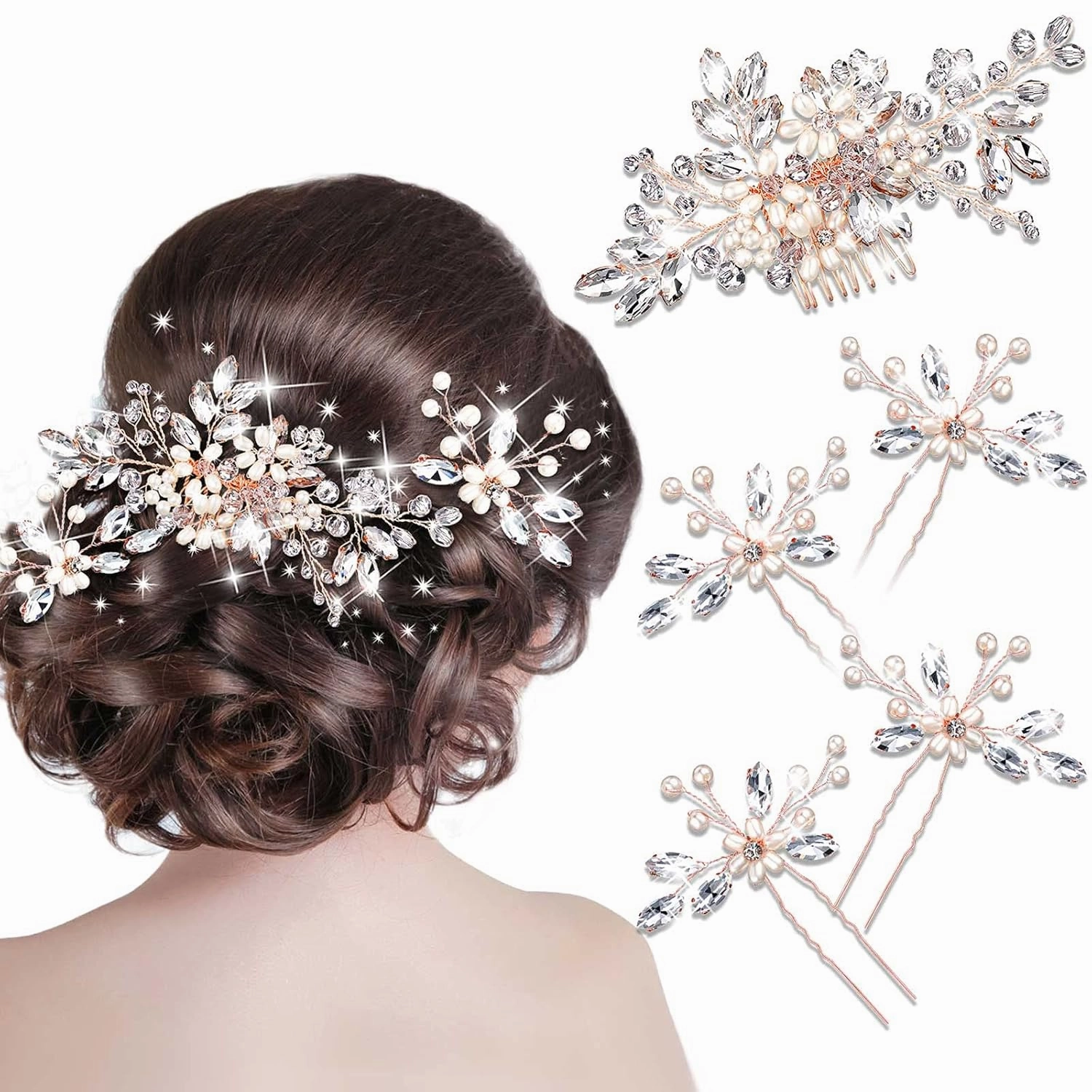 Yeshone 5 Pieces Wedding Hair Comb Bridal Hair Pins Crystal Pearl Hair Accessories Rhinestone Flower Piece for Wedding Bride Women(Rose Gold)