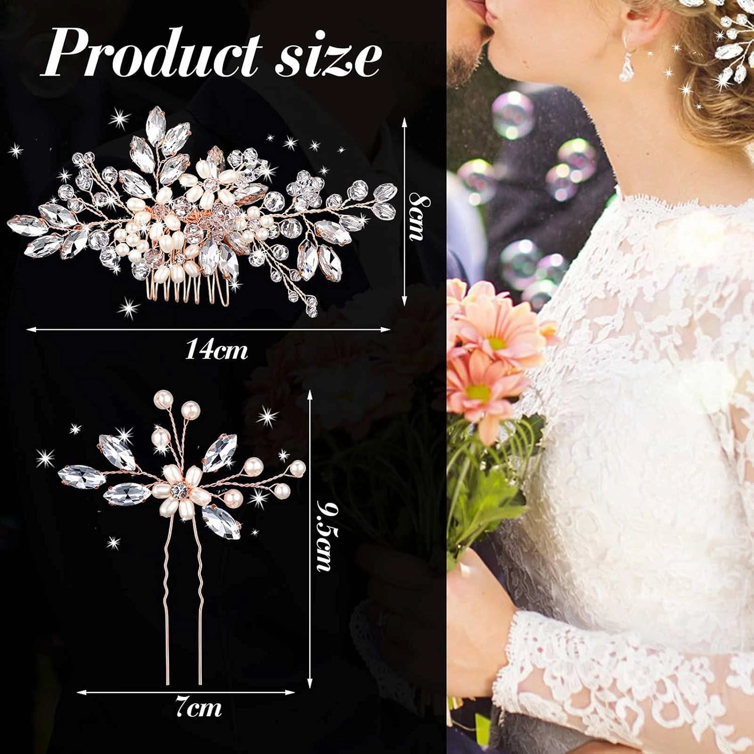 Yeshone 5 Pieces Wedding Hair Comb Bridal Hair Pins Crystal Pearl Hair Accessories Rhinestone Flower Piece for Wedding Bride Women(Rose Gold)