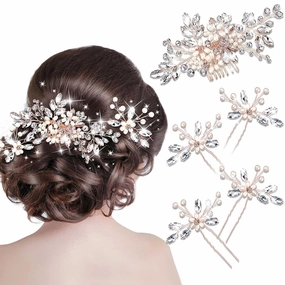 Yeshone 5 Pieces Wedding Hair Comb Bridal Hair Pins Crystal Pearl Hair Accessories Rhinestone Flower Piece for Wedding Bride Women(Rose Gold)
