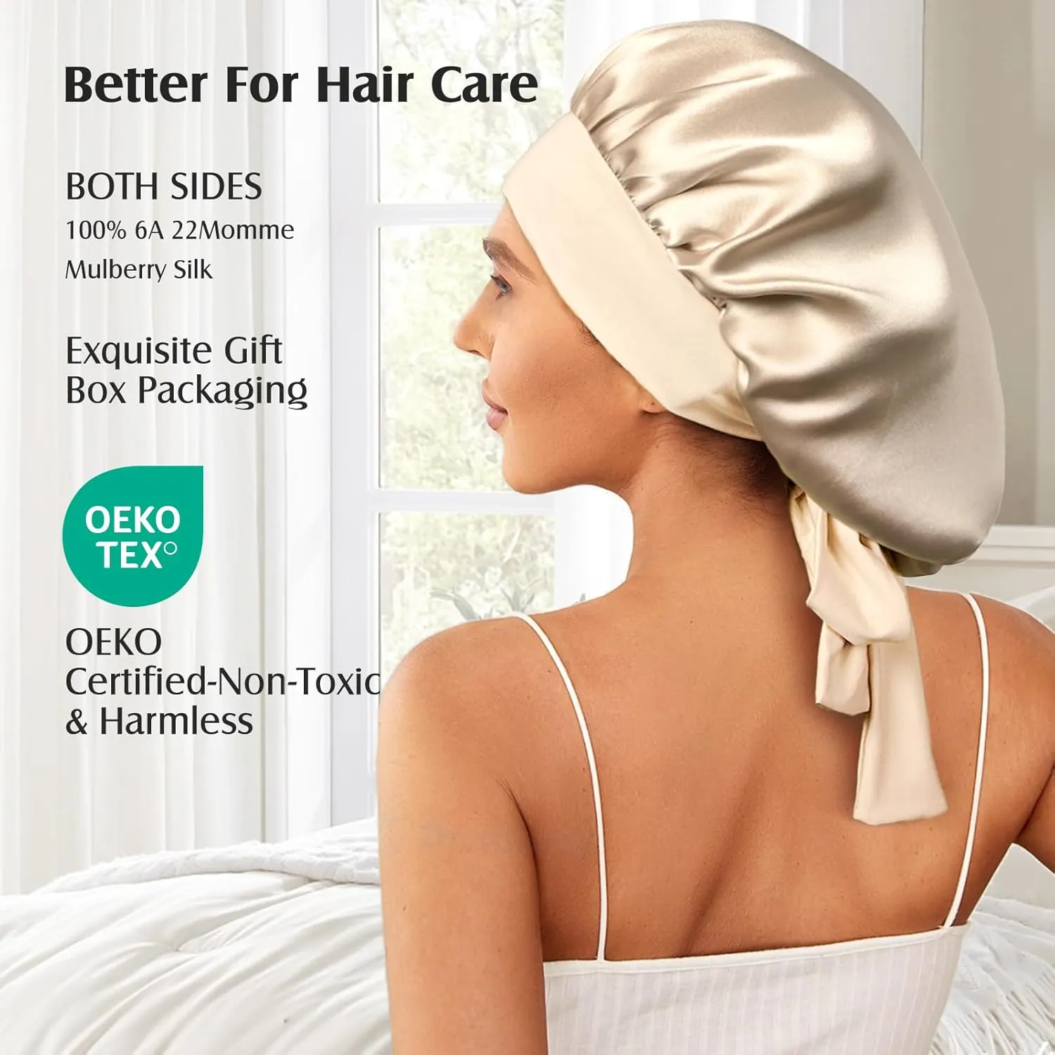 YFONG 100% 22 Momme Mulberry Silk Bonnet for Sleeping Women, Larger Double Layer Silk Hair Wrap for Curly Short Long Hair, Non-Slip Sleep Cap Turban with Elastic Tie Band for Hair Care, Champagne