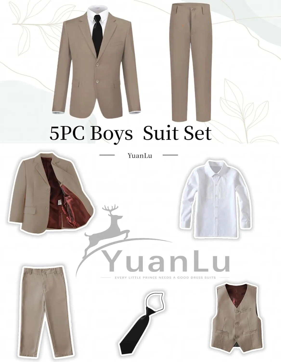 YuanLu Boys Suit for Kids Tuxedo Wedding Ring Bearer Outfit Boy Formal Suits 5 Piece Slim Fit Dresswear Suit Set