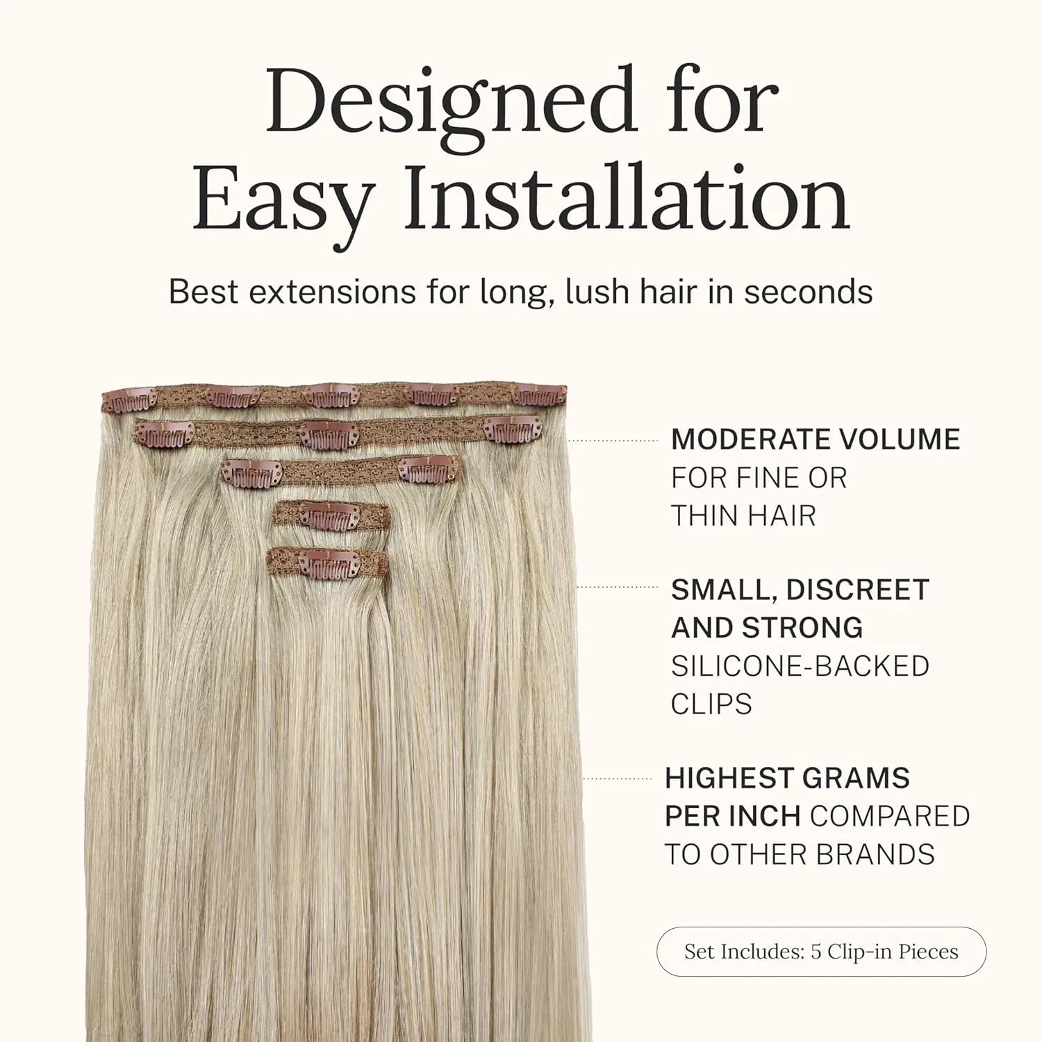 Zala Clip In Hair Extensions - 100% Remy Human Hair - Natural, Silky & Straight Discreet Clip in Extensions - Blend Easy into Natural Hair - 5 Piece Set, in Champagne Blonde (110g / 24 inch)