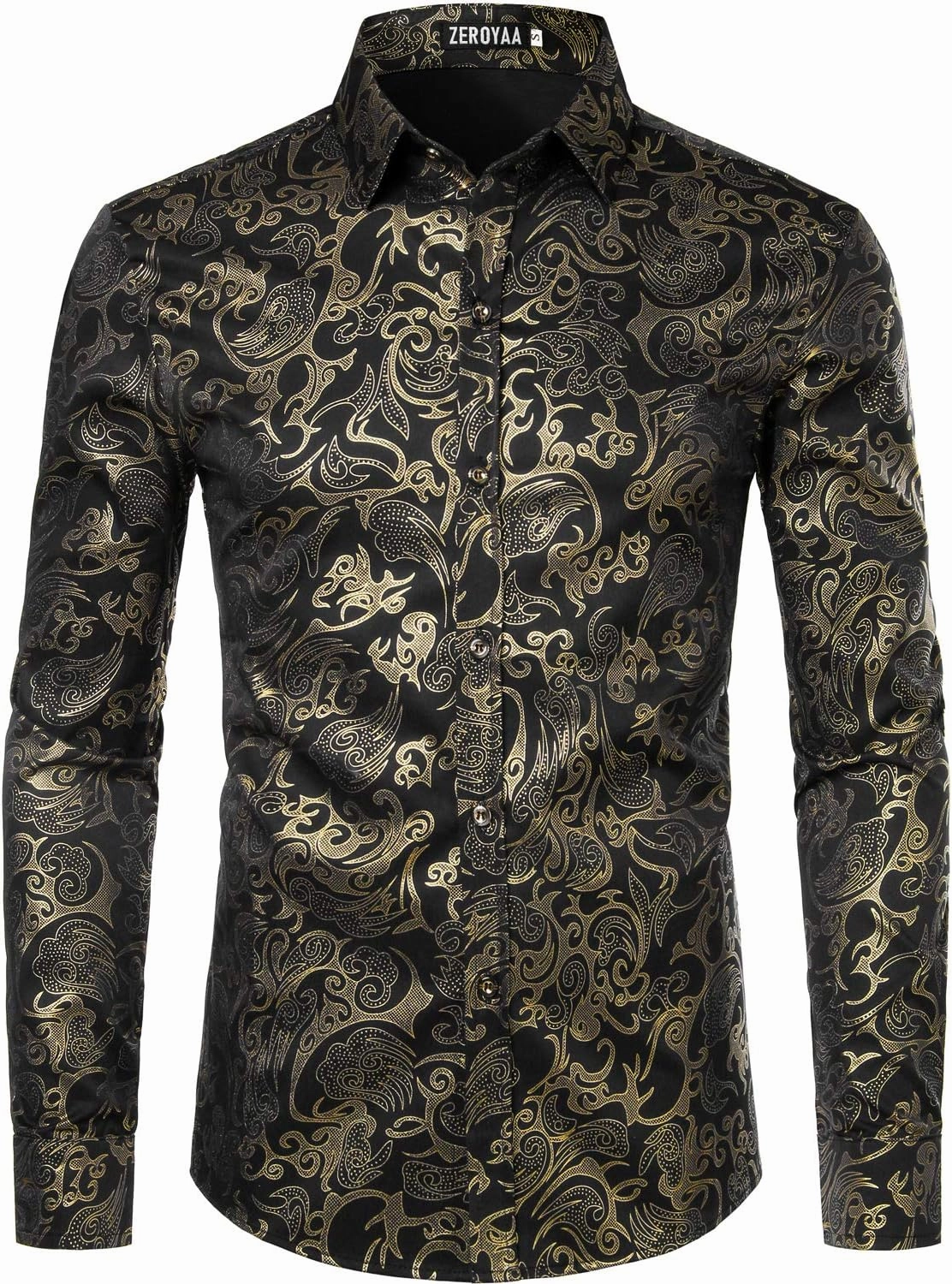 ZEROYAA Men's Luxury Gold Prom Design Slim Fit Long Sleeve Button up Party Dress Shirts