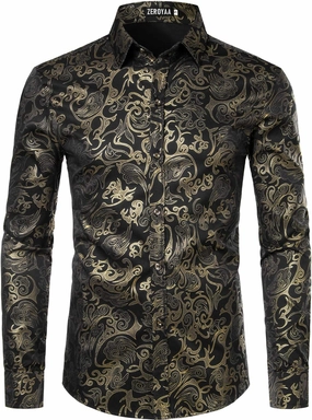 ZEROYAA Men's Luxury Gold Prom Design Slim Fit Long Sleeve Button up Party Dress Shirts