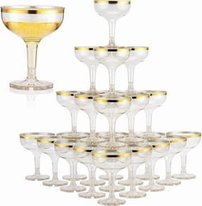 Zopeal 100 Pcs Plastic Champagne Glasses 5 oz Plastic Coupe Disposable Cocktail Cup for Wedding Party Birthday Anniversary Stackable Reusable Martini Glasses(Gold Rim, Gold Glitter)