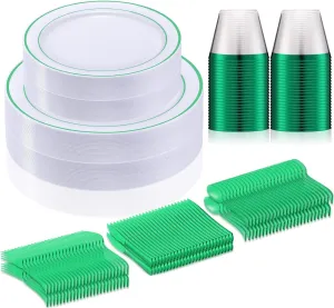 Zubebe 300 Pcs Plastic Plates Set, Clear Disposable Plates for 50 Guests, Plastic Dinnerware Set Include Knives, Spoons, Forks, Cups for Party Wedding Festival Picnics(Green)