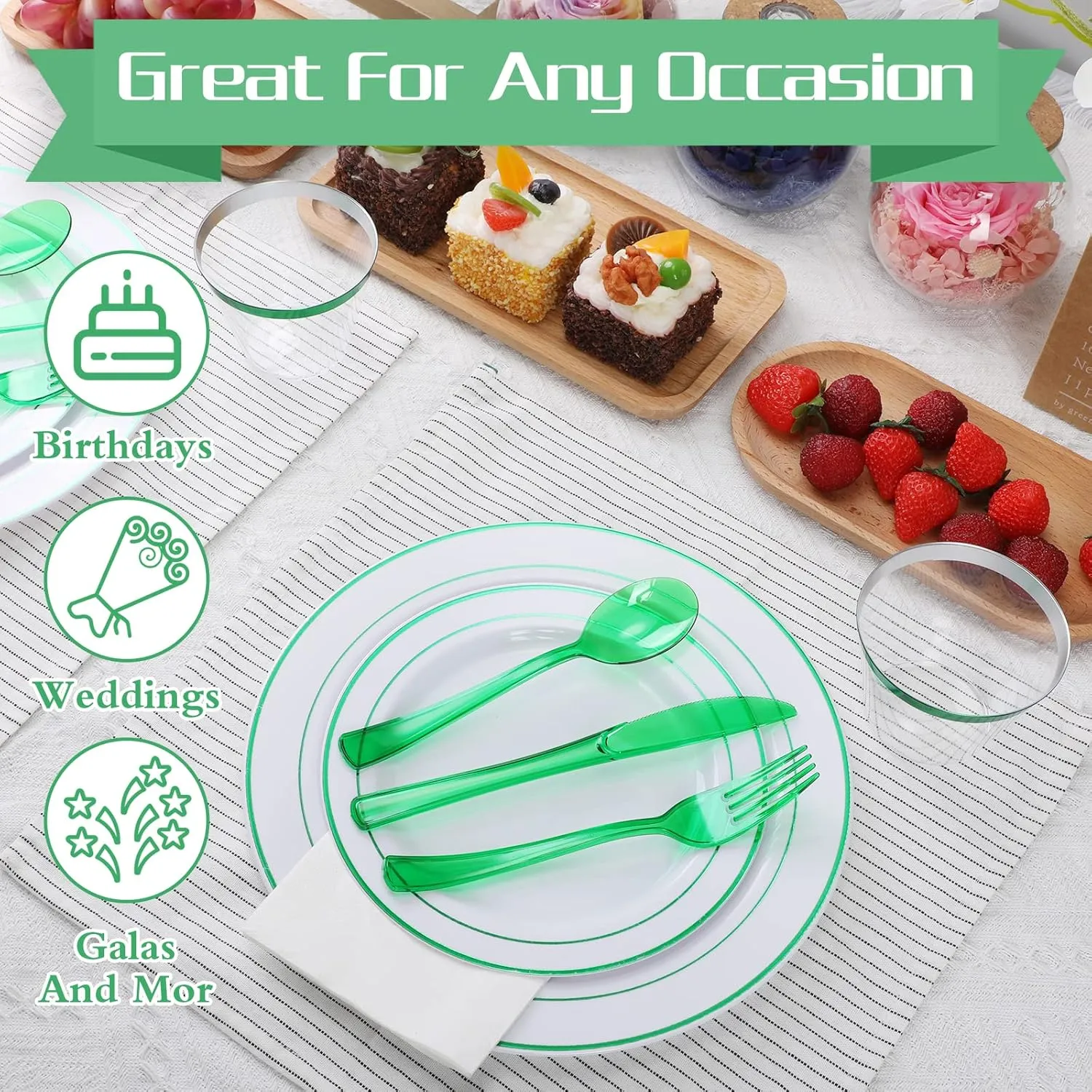 Zubebe 300 Pcs Plastic Plates Set, Clear Disposable Plates for 50 Guests, Plastic Dinnerware Set Include Knives, Spoons, Forks, Cups for Party Wedding Festival Picnics(Green)