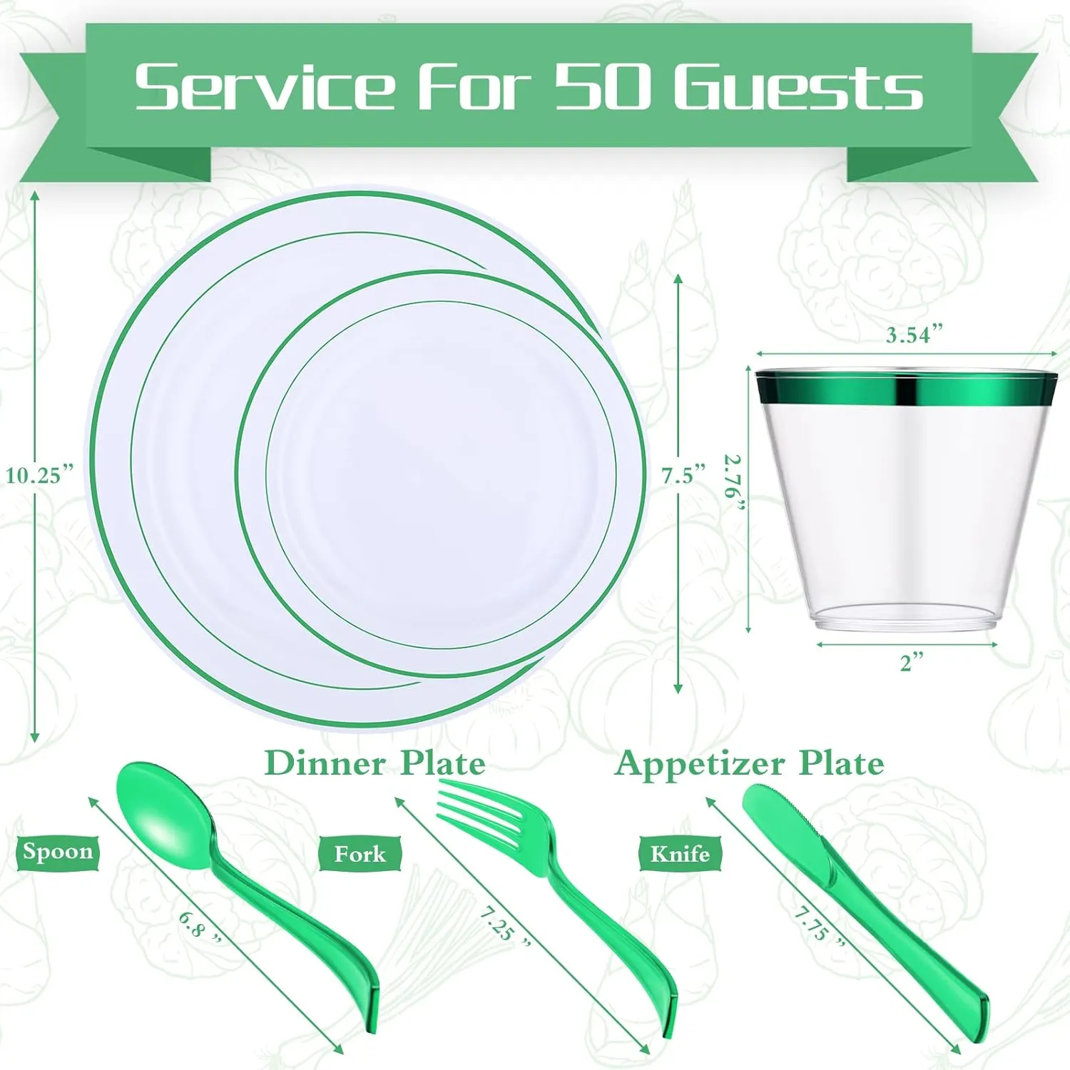 Zubebe 300 Pcs Plastic Plates Set, Clear Disposable Plates for 50 Guests, Plastic Dinnerware Set Include Knives, Spoons, Forks, Cups for Party Wedding Festival Picnics(Green)
