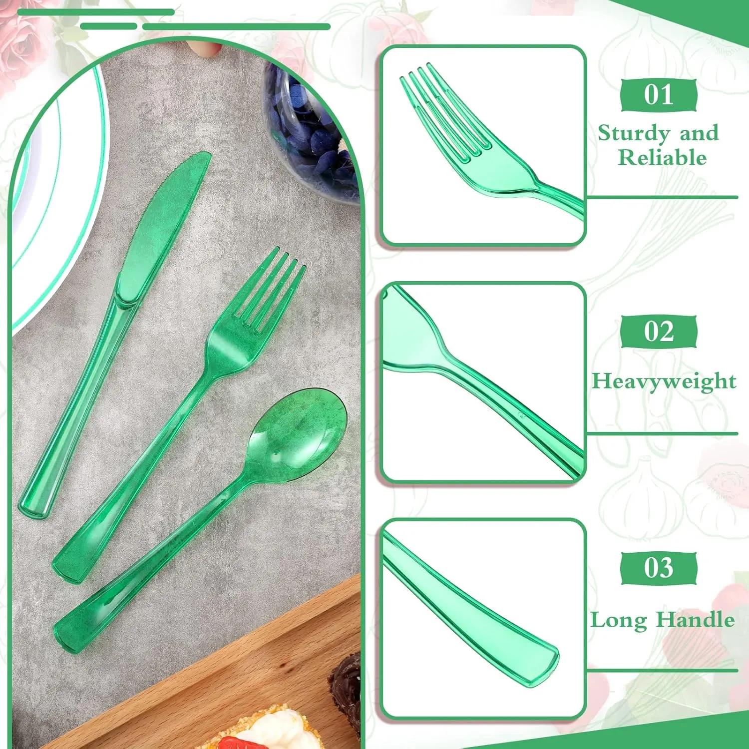 Zubebe 300 Pcs Plastic Plates Set, Clear Disposable Plates for 50 Guests, Plastic Dinnerware Set Include Knives, Spoons, Forks, Cups for Party Wedding Festival Picnics(Green)