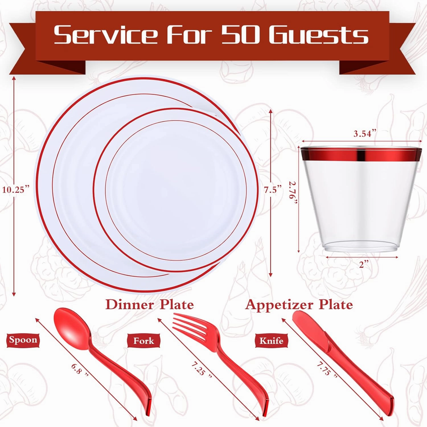 Zubebe 300 Pcs Plastic Plates Set, Clear Disposable Plates for 50 Guests, Plastic Dinnerware Set Include Knives, Spoons, Forks, Cups for Party Wedding Festival Picnics(Red)