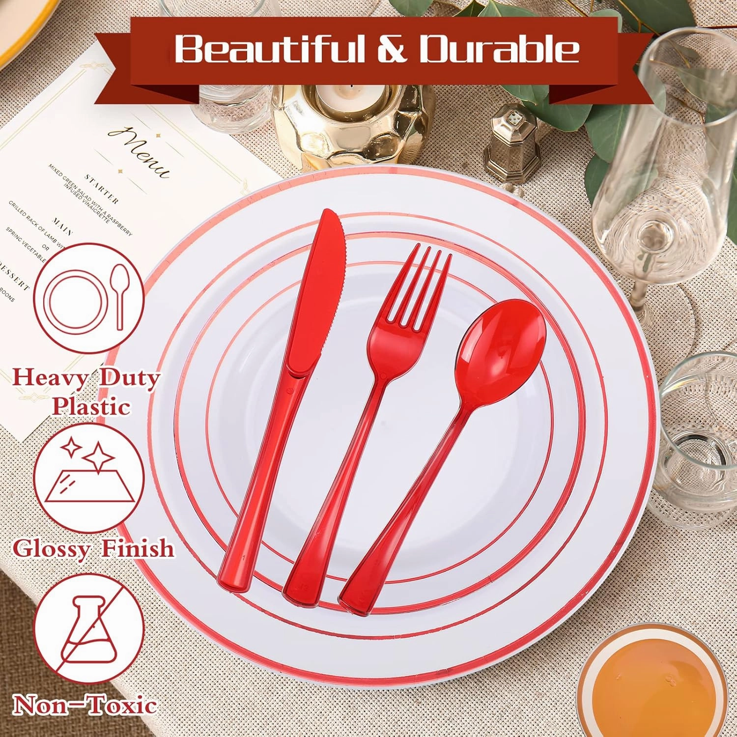 Zubebe 300 Pcs Plastic Plates Set, Clear Disposable Plates for 50 Guests, Plastic Dinnerware Set Include Knives, Spoons, Forks, Cups for Party Wedding Festival Picnics(Red)