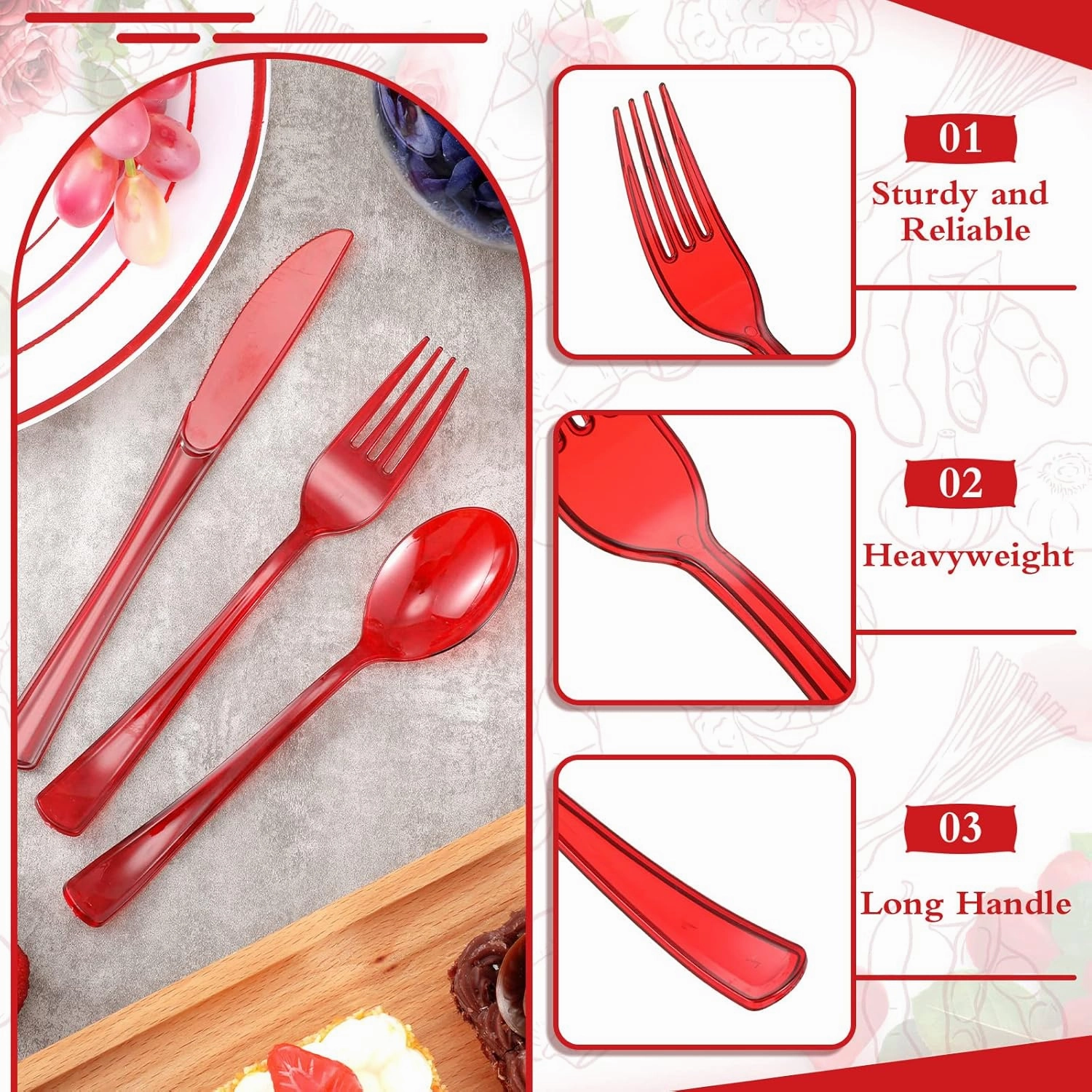 Zubebe 300 Pcs Plastic Plates Set, Clear Disposable Plates for 50 Guests, Plastic Dinnerware Set Include Knives, Spoons, Forks, Cups for Party Wedding Festival Picnics(Red)